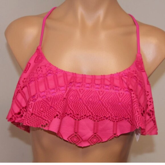 New VOLCOM Swimsuit Bikini Bra top Scream Magenta Ruffle Crochet - Picture 2 of 4